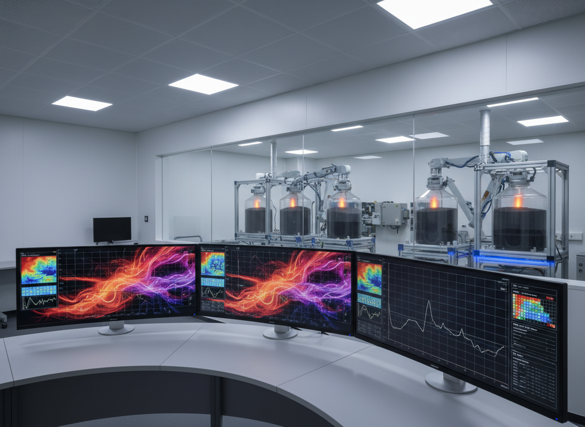 A wide, photographic shot of a modern testing control room overlooking a separated, glass-walled high-temperature lab area. In the foreground, multiple ultra-wide computer displays show abstract, colorful thermal profiles, risk matrices, and time–temperature curves without readable text. Through the safety glass, several automated test rigs handle sealed containers of torrefied material and biochar in a controlled environment. Cool white overhead lighting mixes with subtle blue accent lights from the monitoring equipment, creating a calm, high-tech atmosphere. Captured from a slightly elevated angle with balanced composition, sharp focus across the scene, and a clean, modern aesthetic emphasizing professional risk assessment for material producers, insurers, and shipping professionals.