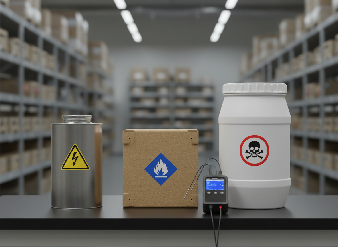 A detailed photographic still life of three distinct sample containers aligned on a matte black lab surface: a small stainless-steel canister, a square, heavy-duty fiberboard box, and a robust plastic drum, each with bold, non-text geometric hazard symbols to suggest regulatory markings. Next to them, compact thermal probes and a sleek handheld data logger emphasize testing and classification. The background is a softly out-of-focus wall of industrial shelving with additional anonymous containers, hinting at logistics and shipping. Neutral, diffused lab lighting from above and slightly behind creates subtle highlights on the container rims and clean shadows. Shot at eye level with a shallow depth of field, the mood is authoritative and methodical, suggesting UN-4 compliance evaluation for transport safety.
